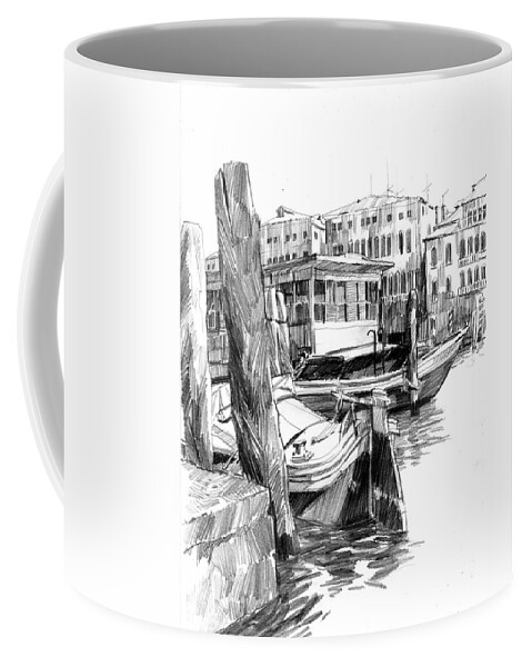 Venice Coffee Mug featuring the drawing Venice Sketches. Vaporetto Jetty by Igor Sakurov