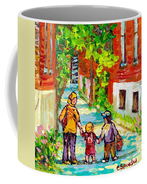 Montreal Coffee Mug featuring the painting Verdun Laneway Painting Short Cut Mom And Kids Afternoon Stroll Canadian Scenes Quebec Art C Spandau by Carole Spandau