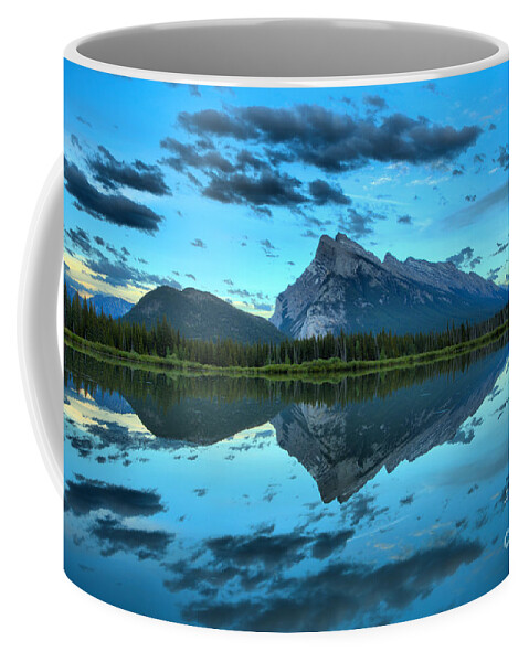 Vermilion Lake Coffee Mug featuring the photograph Vermilion Lakes Blue Sunset by Adam Jewell