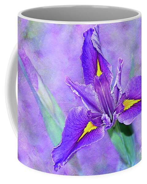 Vibrant Iris On Purple Bokeh Coffee Mug featuring the photograph Vibrant Iris on Purple Bokeh by Kaye Menner by Kaye Menner