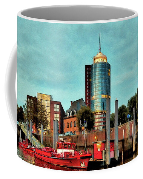 Aquamarine Coffee Mug featuring the photograph View from the water around the river Alster and Elbe, waterfront and warehouse district in Hamburg by Gina Koch