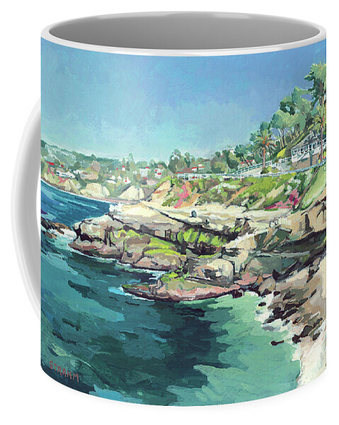 Brockton Villa Coffee Mug featuring the painting La Jolla Cove at Brockton Villa San Diego California by Paul Strahm