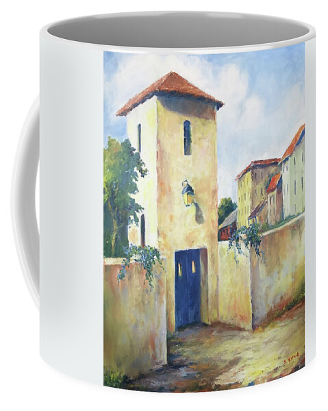 Italian Coffee Mug featuring the painting Tuscan Villa with a Blue Door by ML McCormick