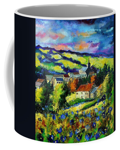 Landscape Coffee Mug featuring the painting Village and blue poppies by Pol Ledent