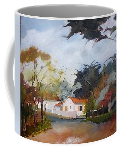  Coffee Mug featuring the painting Village by the seaside by Kim PARDON