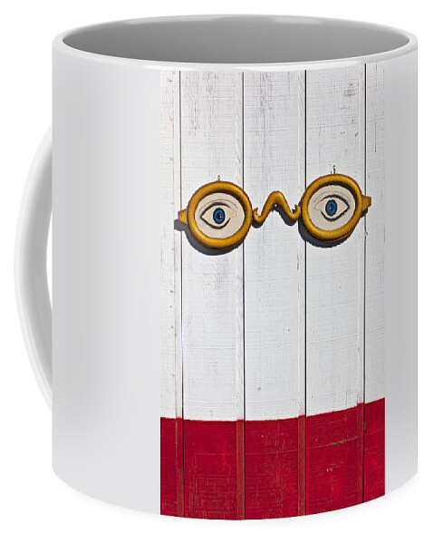 Eye Sign Glasses Wall Antique Coffee Mug featuring the photograph Vintage eye sign on wooden wall by Garry Gay