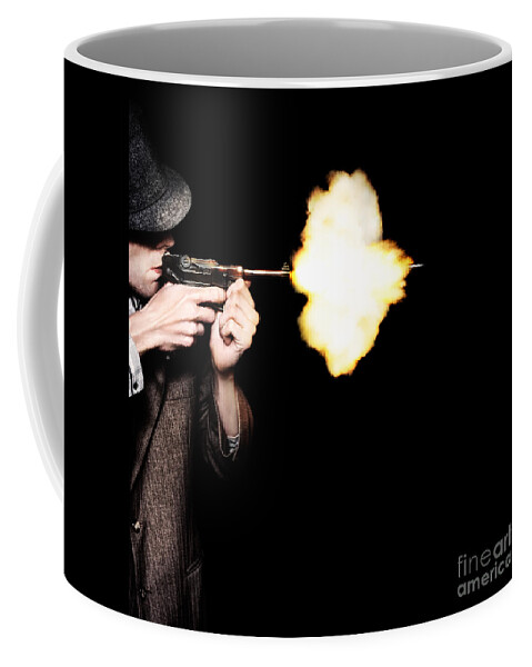 Gangster Coffee Mug featuring the photograph Vintage Gangster Man Shooting Gun On Black by Jorgo Photography