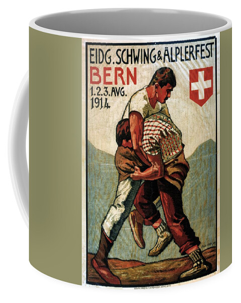 Two Men Wrestling Coffee Mug featuring the painting Vintage Illustrated Poster - Two Men Wrestling - Schwing and Alplerfest - Bern, Switzerland by Studio Grafiikka