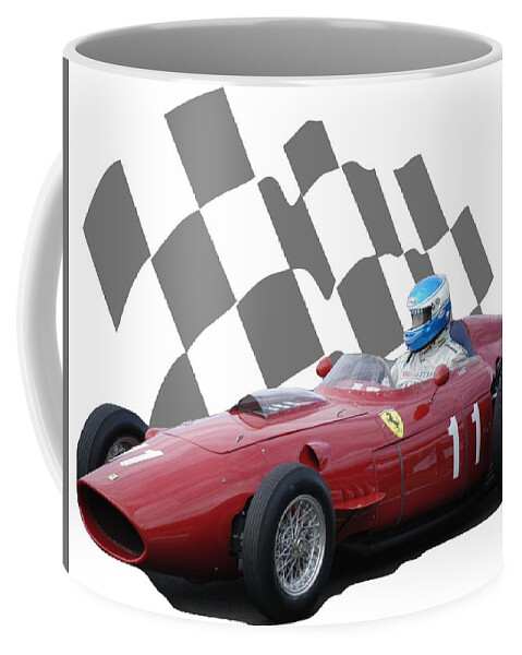 Racing Car Coffee Mug featuring the photograph Vintage Racing Car and Flag 2 by John Colley