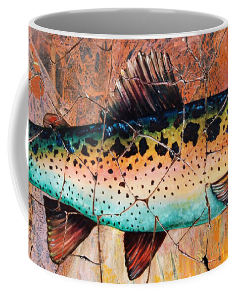 Mosaic Coffee Mug featuring the painting Vintage Red Trout Fresco Every Fisherman should have inspiring art and of course a Fisherman Prayer by OLena Art