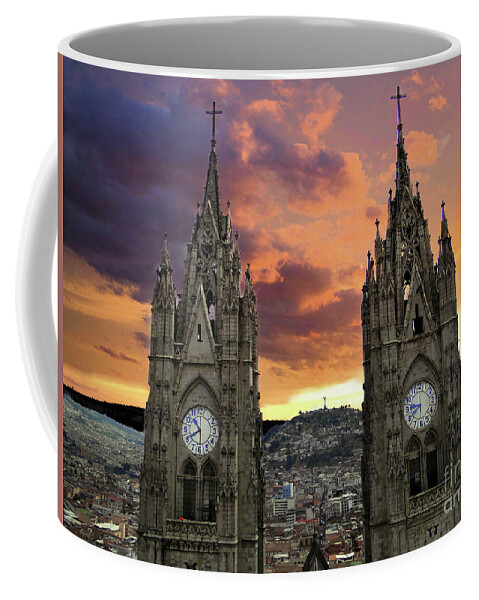 Sky Coffee Mug featuring the photograph Virgen de El Panecillo and Basilica del Voto Nacional III by Al Bourassa