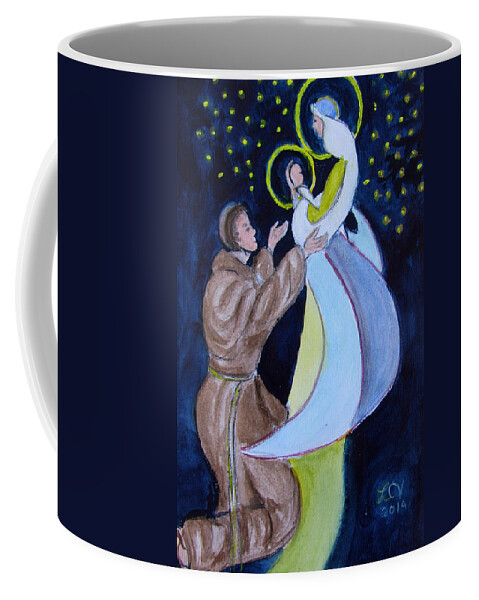 Catholic Coffee Mug featuring the painting Virgin Mary with Jesus and St Anthony by Lucille Valentino