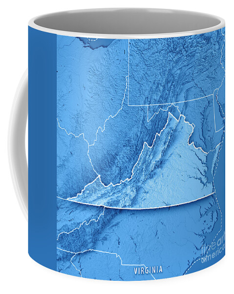 Virginia Coffee Mug featuring the digital art Virginia State USA 3D Render Topographic Map Blue Border by Frank Ramspott