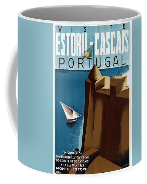 Estoril Coffee Mug featuring the mixed media Visite Estoril-Cascais Portugal - Sailboat - Retro travel Poster - Vintage Poster by Studio Grafiikka