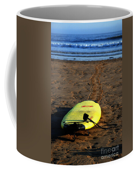 Surf Board Surfing Beach Yellow Waves Sea Horizon Tether Coffee Mug featuring the photograph Waiting for the Big One by Richard Gibb
