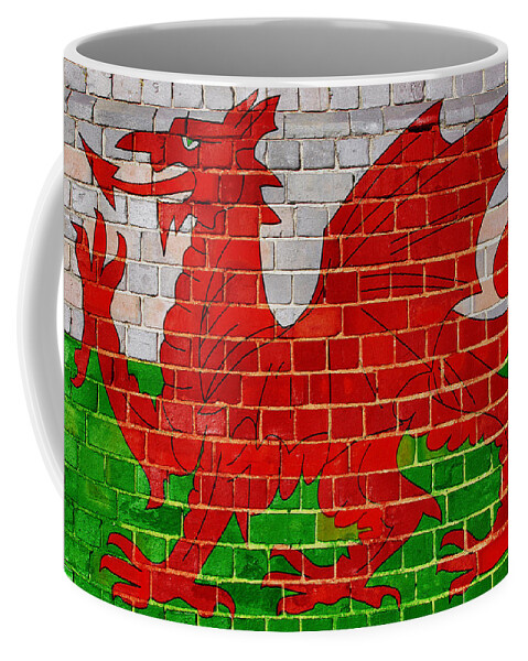 Britain Coffee Mug featuring the digital art Wales flag on a brick wall by Steve Ball