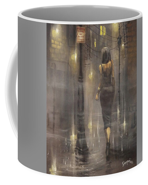 Patsy Cline; Woman In Black Dress; Foggy Alley; Night City Scene; City Rain; Tom Shropshire Painting; Figure Art Coffee Mug featuring the painting Walking After Midnight by Tom Shropshire