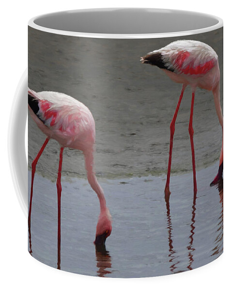 Namibia Coffee Mug featuring the digital art Walvis Bay Flamingos by Ernest Echols