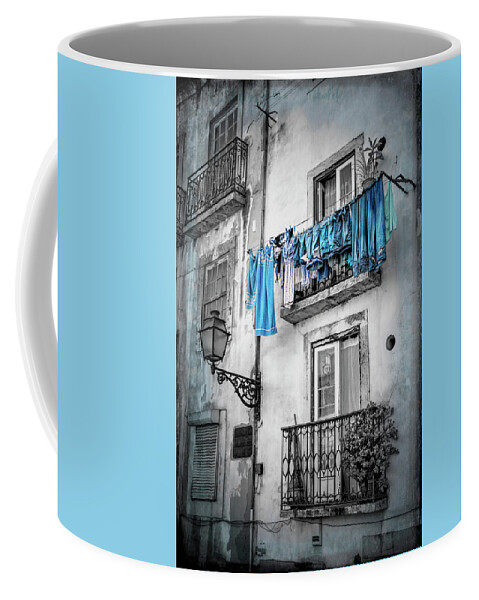 Lisbon Coffee Mug featuring the photograph Washday Blues in Lisbon Portugal Black and White by Carol Japp