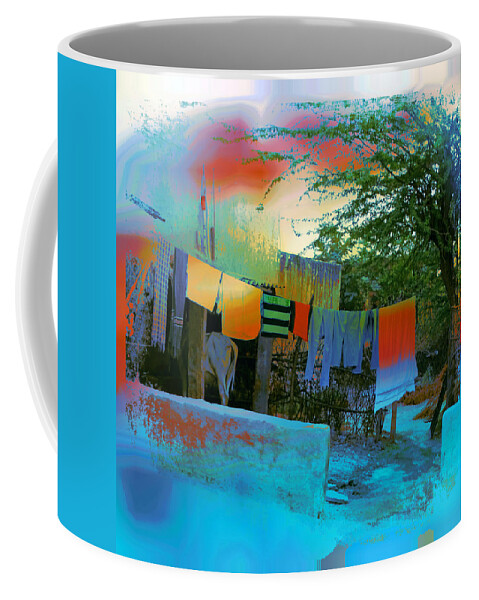 Washing Line Coffee Mug featuring the photograph Washing Line and Cows Indian Village Rajasthani 1a by Sue Jacobi