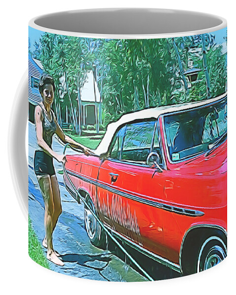 Mid Century Coffee Mug featuring the digital art Washing the Car by Cathy Anderson