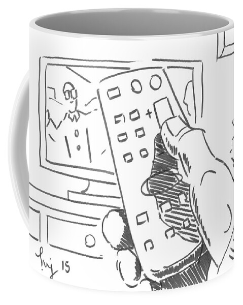 Television Coffee Mug featuring the drawing Watching TV Using The Remote Control Cartoon - Goggle Box by Mike Jory