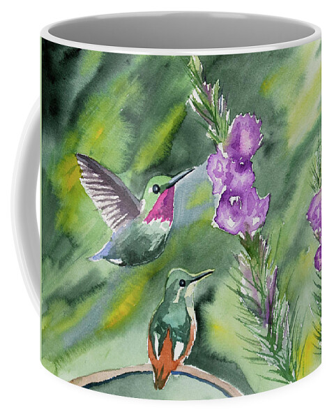 Gorgeted Woodstar Coffee Mug featuring the painting Watercolor - Gorgeted Woodstars and Purple Flowers by Cascade Colors