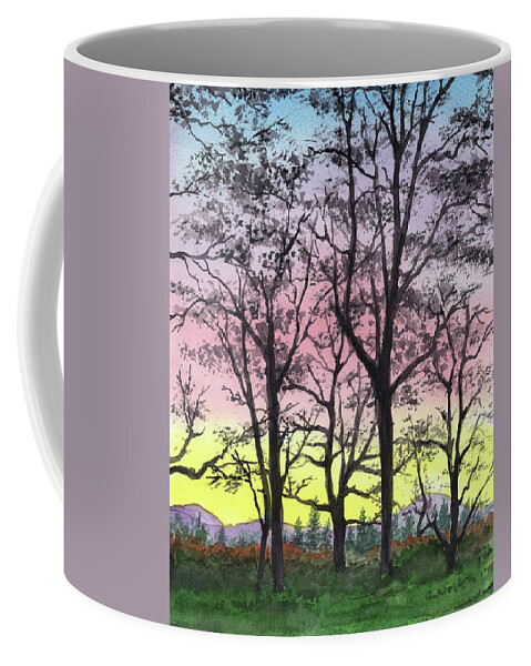 Sunrise Coffee Mug featuring the painting Watercolor Landscape Sunrise In The Mountains by Irina Sztukowski