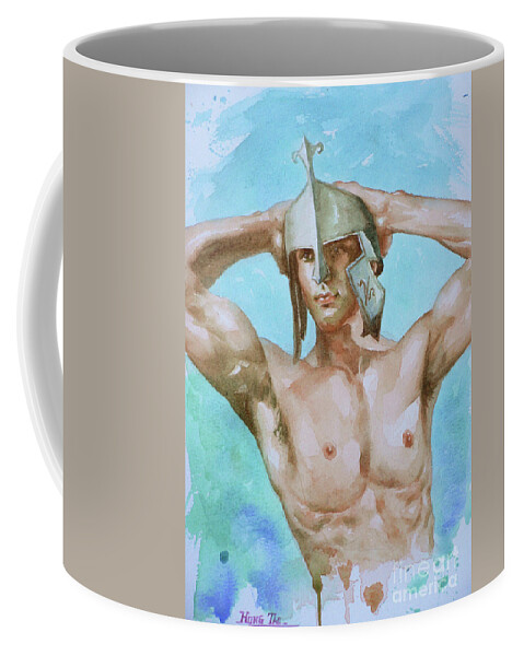 Original Art Coffee Mug featuring the painting Watercolor painting male nude man on paper#16-12-9 by Hongtao Huang