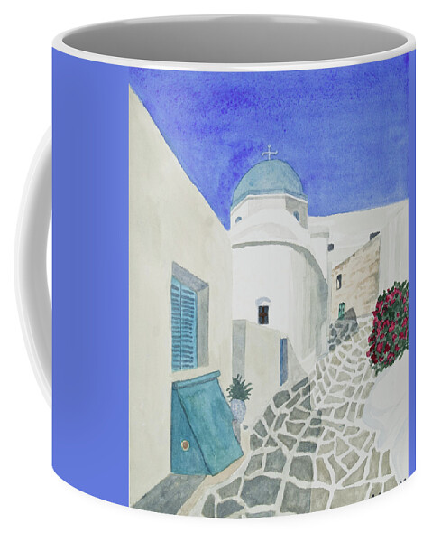 Paros Coffee Mug featuring the painting Watercolor - Paros Church and Street Scene by Cascade Colors