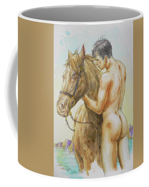 Male Nude Coffee Mug featuring the painting Watercolour Male Nude And Horse#18085 by Hongtao Huang
