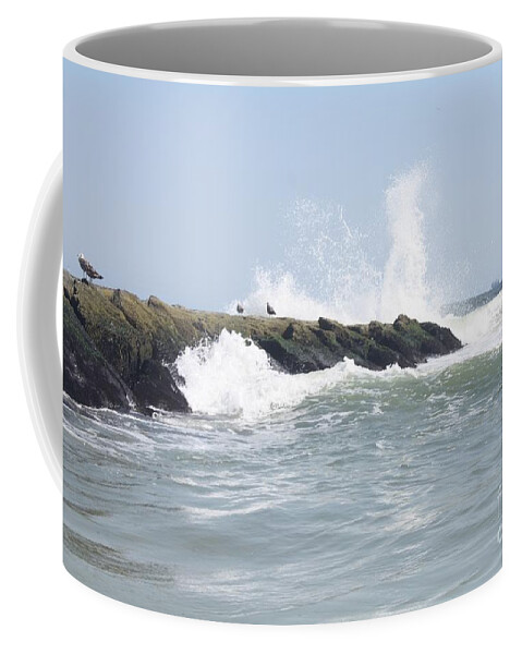 Waves Crashing Onto Long Beach Jetty Coffee Mug featuring the photograph Waves Crashing Onto Long Beach Jetty by John Telfer