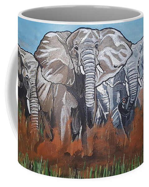 Elephants Coffee Mug featuring the painting We Ready For De Road by Rachel Natalie Rawlins