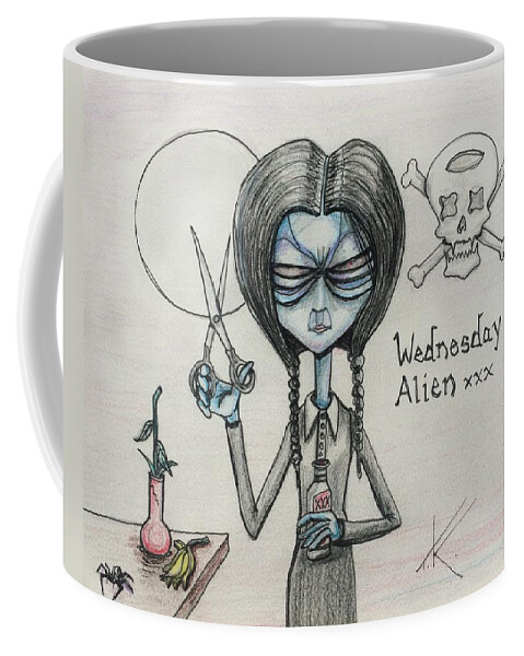 Wednesday Addams Coffee Mug featuring the drawing Wednesday Alien by Similar Alien