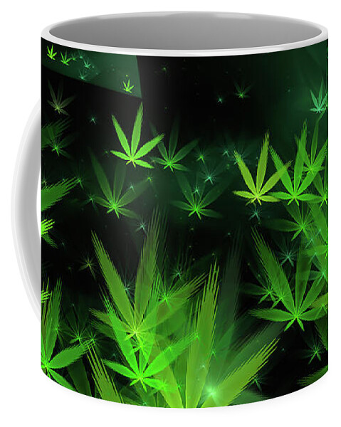 Weed Coffee Mug featuring the digital art Weed art - green Cannabis symbols flying around by Matthias Hauser