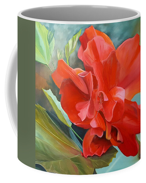 Red Dragon Hibiscus Coffee Mug featuring the painting Welcome the Red Dragon by Connie Rish