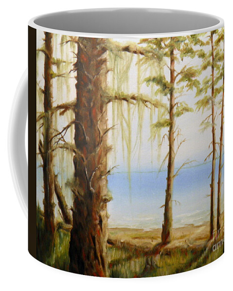 Ocean Water Sea Islands Trees Sky Mist Moss Beach Sand Waves Shadows Light Branches Log Stumps Grass Seascape Landscape Blue Green White Grey Brown Red Yellow Coffee Mug featuring the painting West Coast View by Ida Eriksen