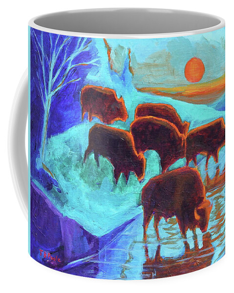 Western Buffalo Art Coffee Mug featuring the painting Western Buffalo Art Six Bison at Sunset Turquoise painting Bertram Poole xi by Thomas Bertram POOLE