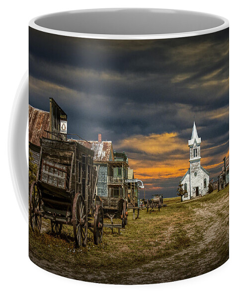 Town Coffee Mug featuring the photograph Western Prairie 1880 Town in South Dakota at Sunset by Randall Nyhof