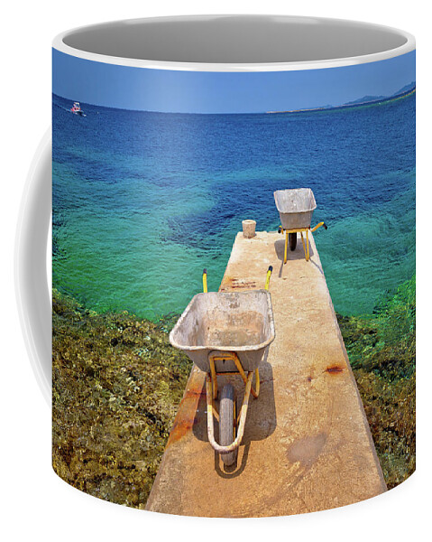 Wheelbarrow Coffee Mug featuring the photograph Wheelbarrow on small island dock waiting for goods delivery by Brch Photography