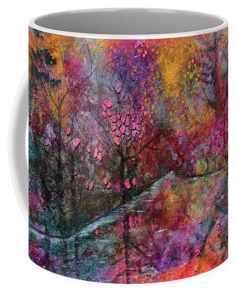 Cherry Blossoms Coffee Mug featuring the mixed media When Cherry Blossoms Fall by Donna Blackhall