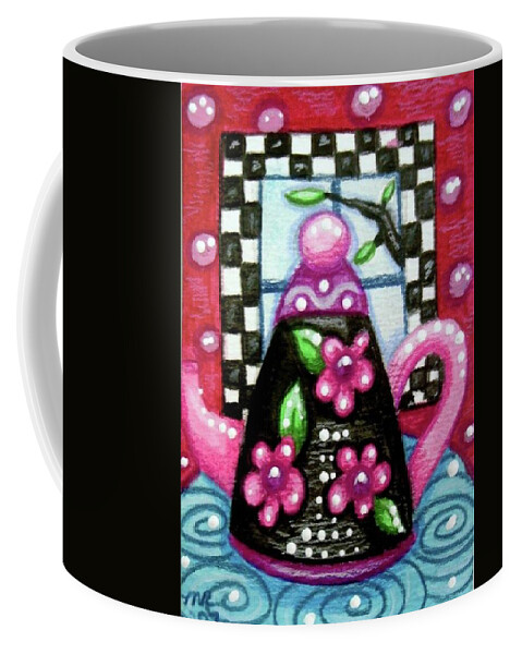 Tea Coffee Mug featuring the painting Whimsical black Teapot with Pink Flowers by Monica Resinger