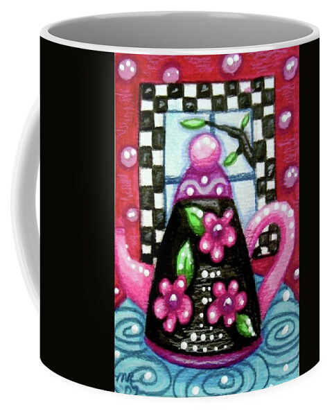 Tea Coffee Mug featuring the painting Whimsical Black Teapot With Pink Flowers by Monica Resinger