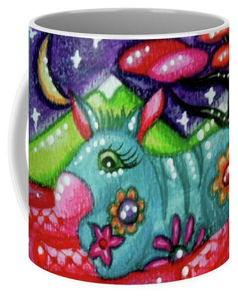 Whimsical Coffee Mug featuring the painting Whimsical Donkey With Mountain Landscape by Monica Resinger