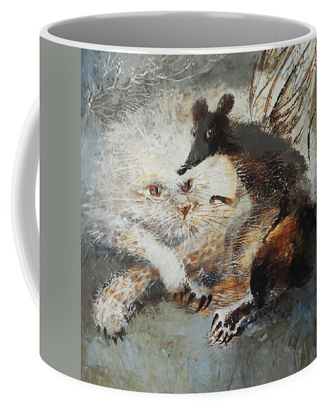 Cat Coffee Mug featuring the painting Whimsical Friendship by Valentina Kondrashova