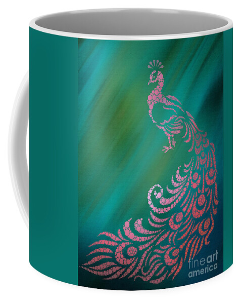 Peacock Coffee Mug featuring the digital art Whimsical Pink Peacock Against Teal Background by PIPA Fine Art - Simply Solid