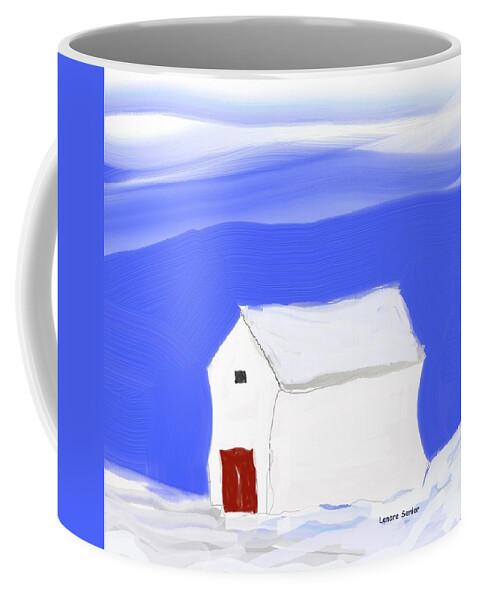 Minimal Coffee Mug featuring the painting White Barn Red Doors by Lenore Senior