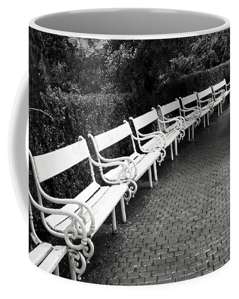 Black And White Coffee Mug featuring the photograph White Benches- by Linda Wood Woods by Linda Woods