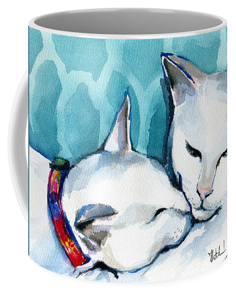 Cat Coffee Mug featuring the painting White Cat Affection by Dora Hathazi Mendes