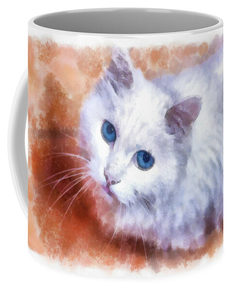 Cat Coffee Mug featuring the painting White cat blue eyes watercolor painting by Unsplash Hunt Han